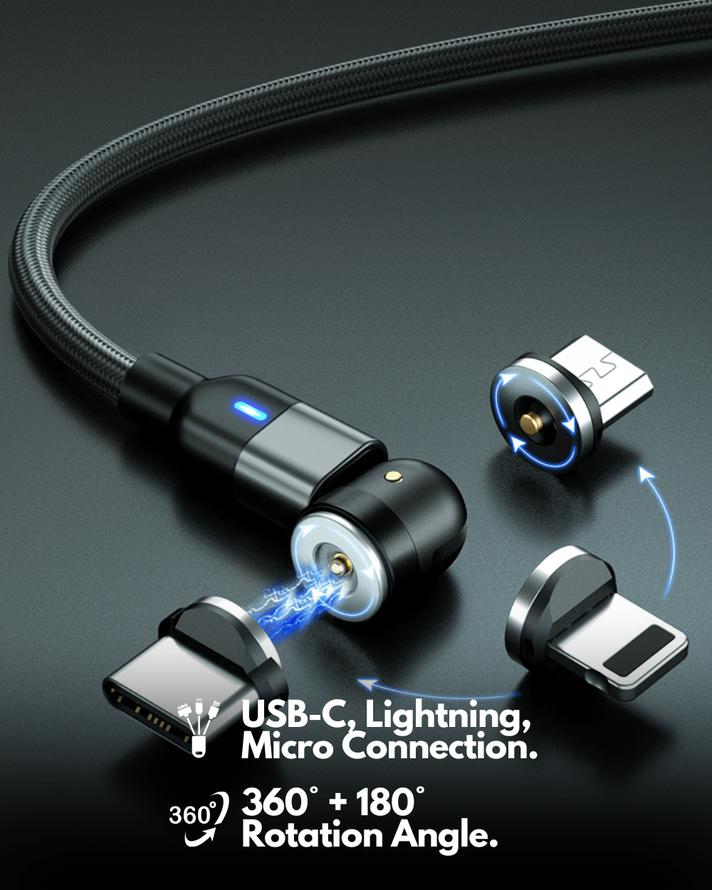 كابل شحن مغناطيسي قابل للتغيير - USB C، Lightning، Micro USB