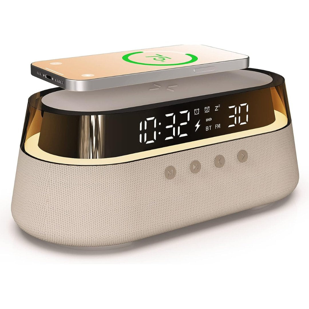 UK Technology Glass Top Clock Radio Speaker front view with regular ambient light setting and phone wireless charging