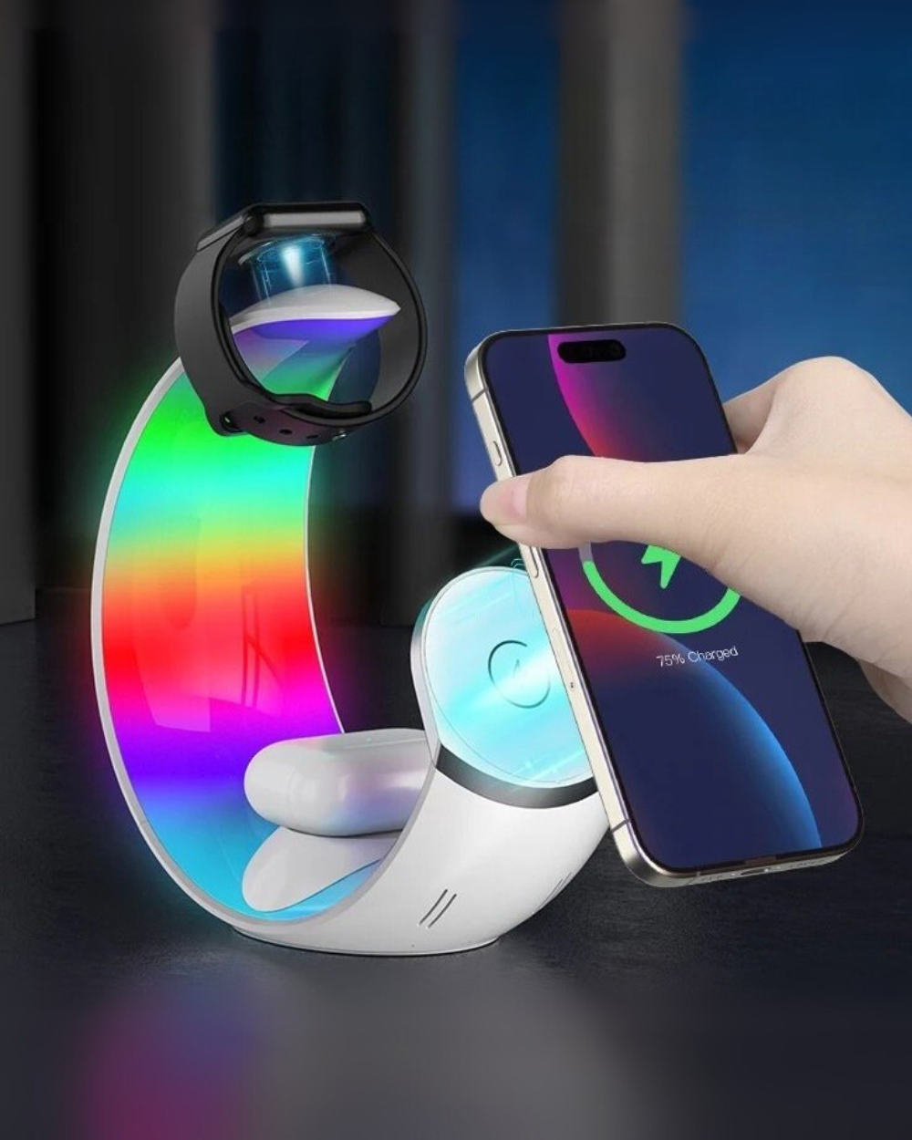 LED Moon Lamp - 3 In 1 Wireless Charging Station For iPhone, iWatch, Airpods