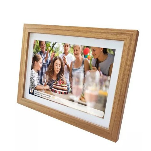UK Technology Oak Wood Digital Photo Frame in landscape mode from viewed from a slightly right angle