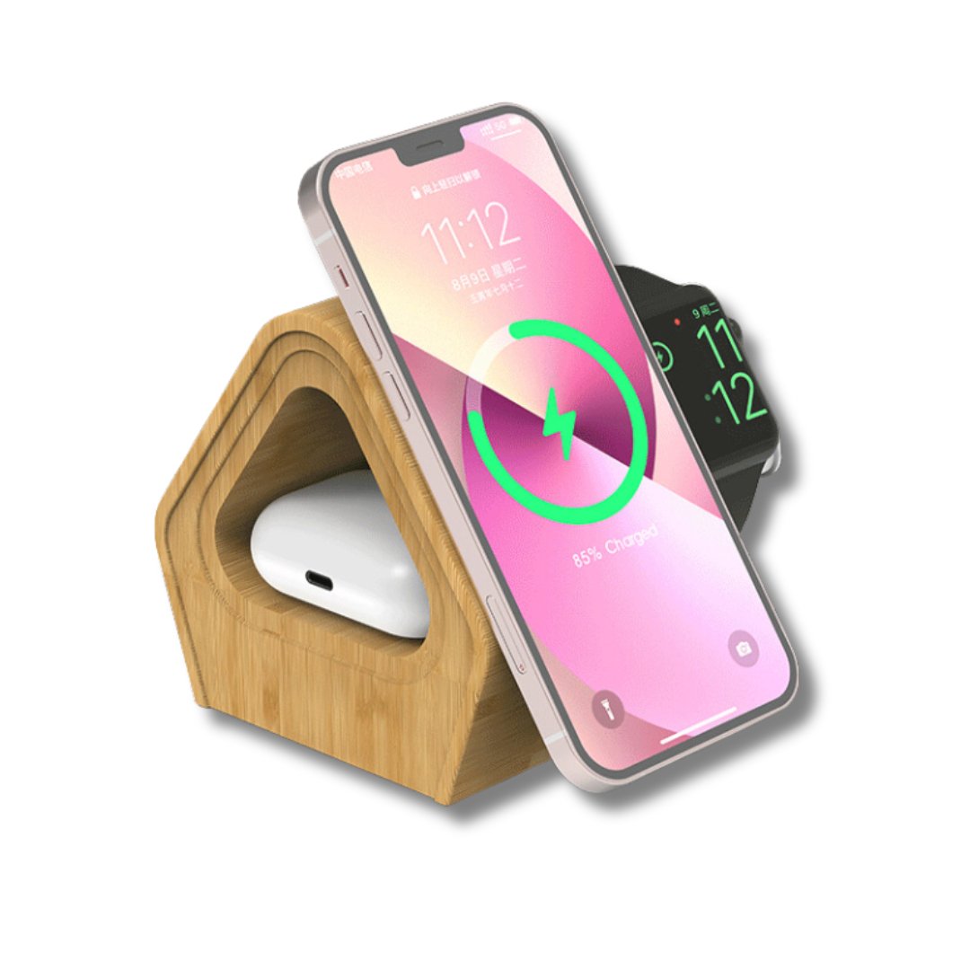 UK Technology 3-In-1 Bamboo Wireless Charging Station left side view with Airpods, iPhone and Apple Watch all being charged