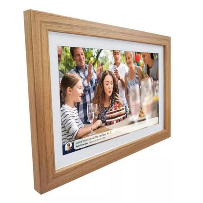 UK Technology Oak Wood Digital Photo Frame in landscape mode from viewed from a slightly left angle