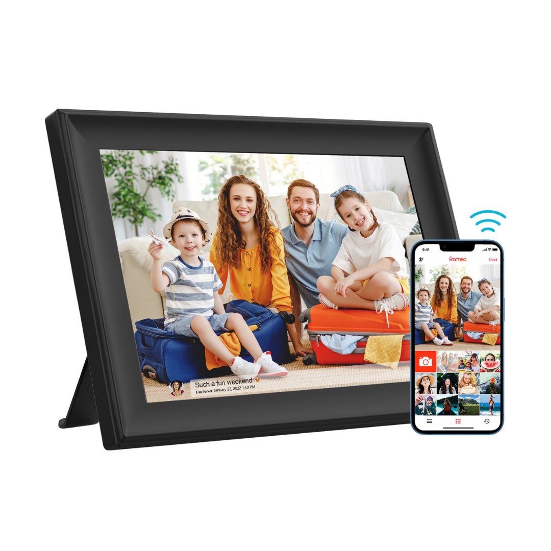 UK Technology Motion Detection Black WiFi Digital Photo Frame front view with phone showing connection to the frameo app