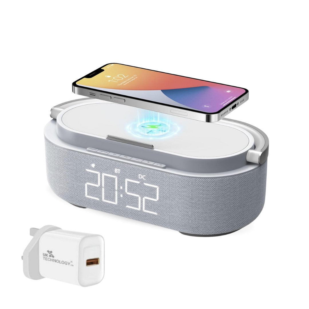 Clock Radio With Alarm Bluetooth Speaker, Wireless Charger And LED Lamp (Grey)