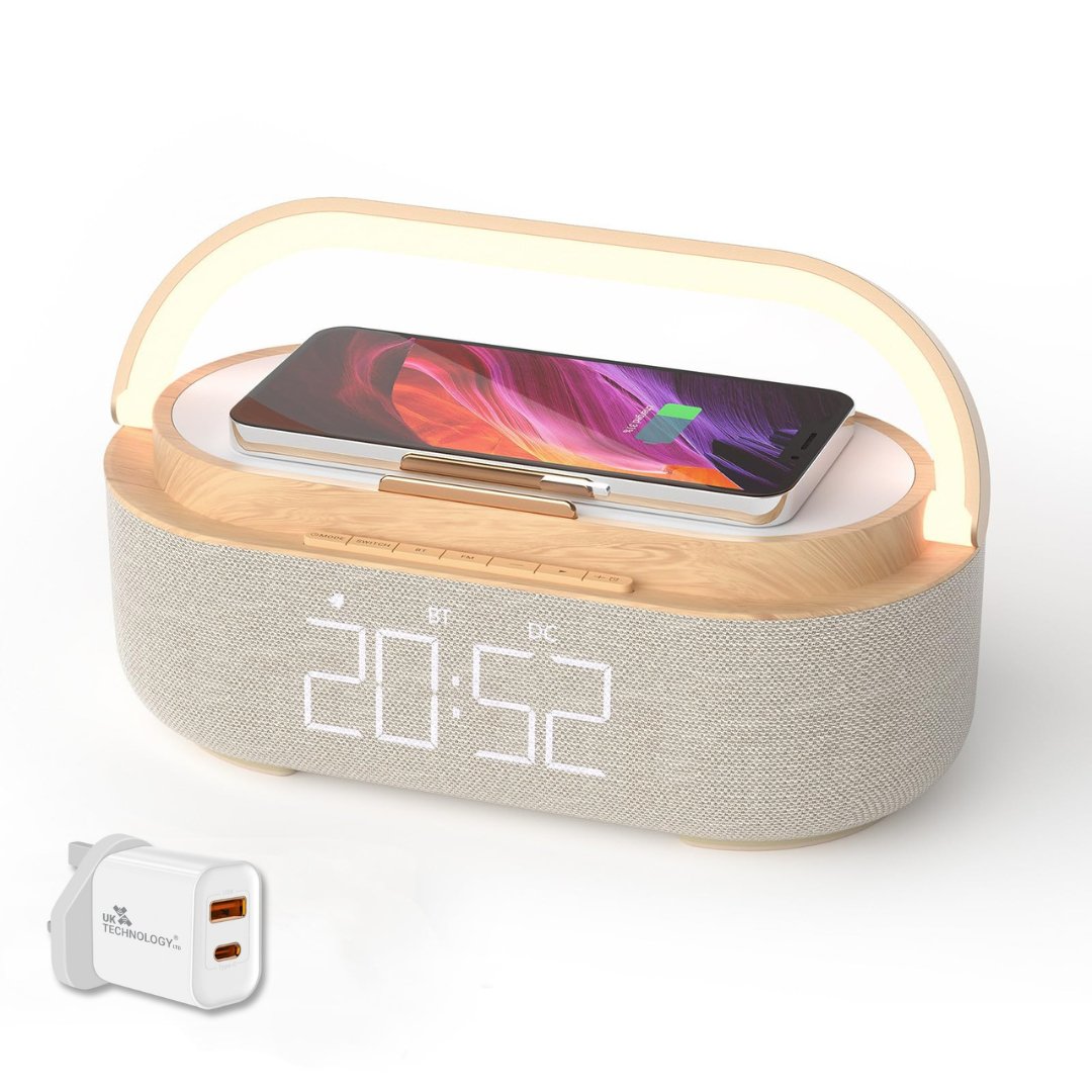 UK Technology Clock Radio Handle Lamp front view with a phone charging on top and charging plug