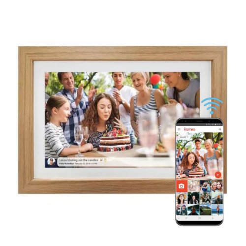 UK Technology Oak Wood Digital Photo Frame front facing showing app connection to a mobile phone