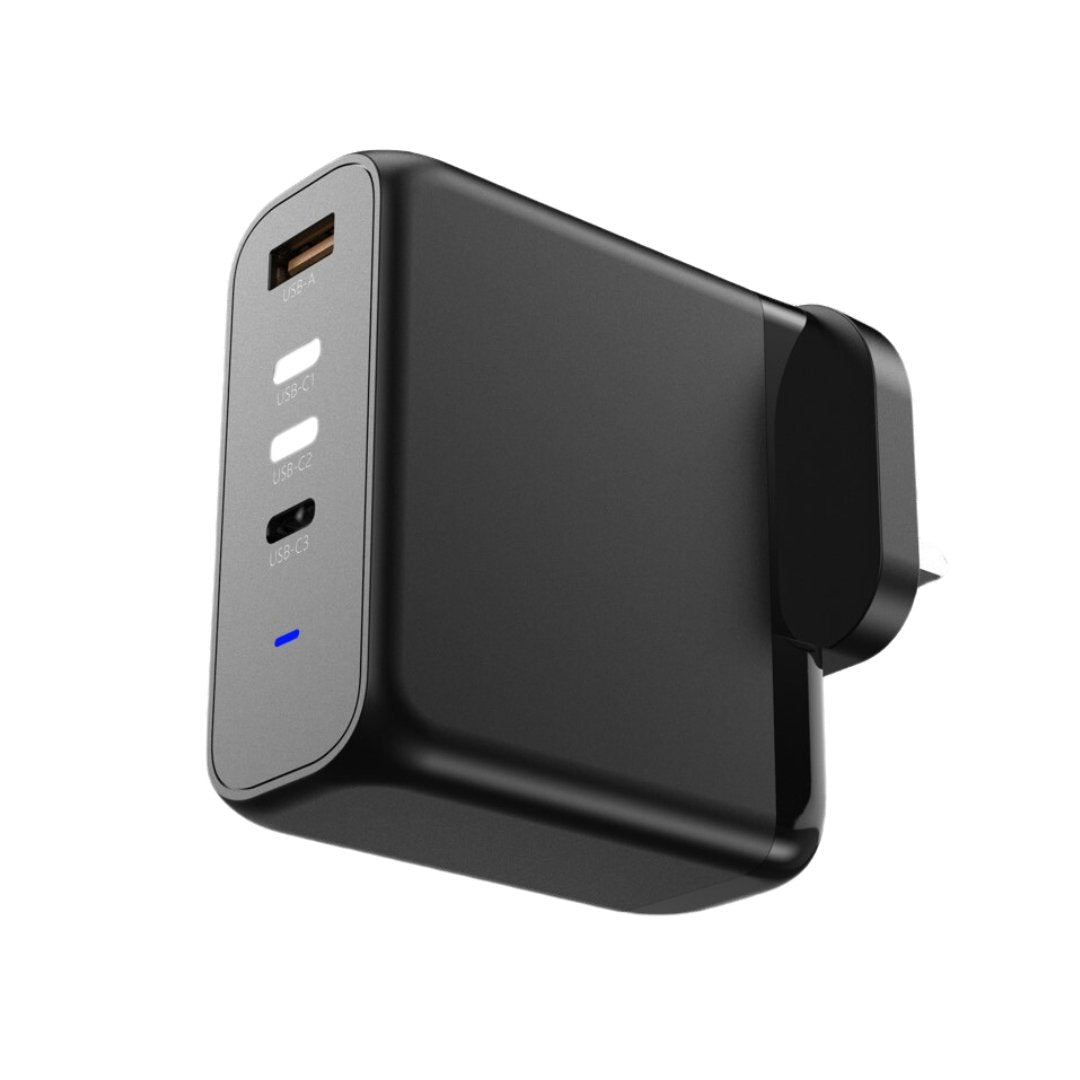 UK Technology high power 150W charging plug front view displaying all 4 charging ports from right side angle