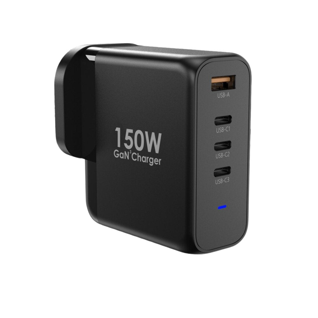 UK Technology high power 150W charging plug front view displaying all 4 charging ports from left side angle