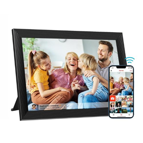UK Technology Black Digital Photo Frame in landscape mode with a phone showcasing the Frameo app