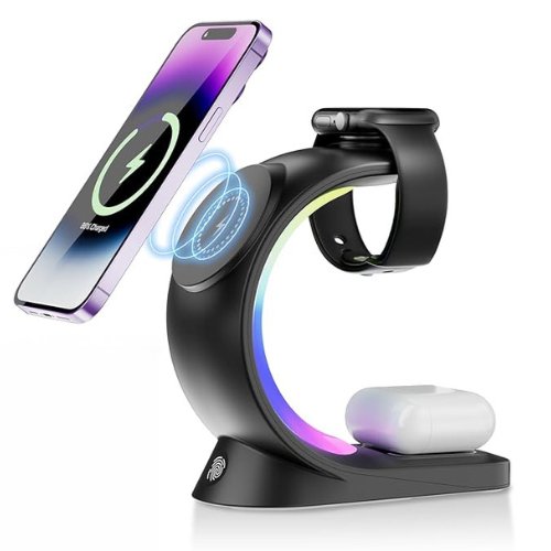 UK Technology The C Lamp 3 In 1 LED Wireless Charger black with iPhone showing magsafe feature, iWatch and airpods charging