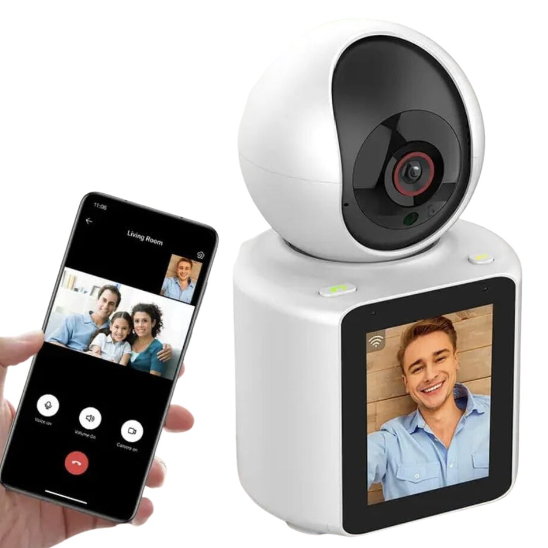 UK Technology ChatCam Two Way Video Calling Surveillance Device front view with hpone demonstrating the face video calling