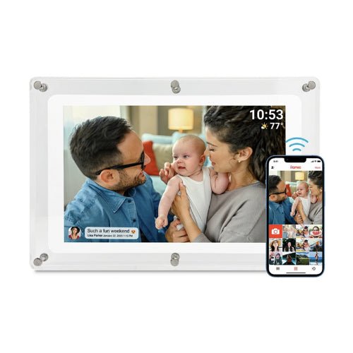UK Technology Acrylic Photo Frame in landscape mode with a phone in the corner showing connection to the Frameo app.