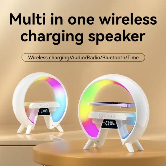 2 UK Technology O Lamp Wireless Charger Speaker white diagram of multiple features