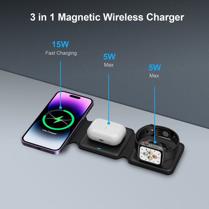 UK Technology TravelCharge 3 in 1 Wireless Charging Station charging a phone, Airpods and iWatch