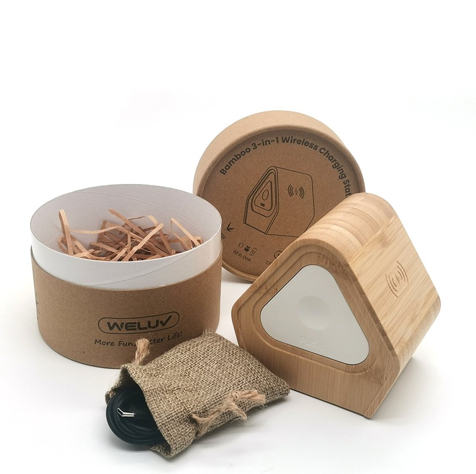 UK Technology 3-In-1 Bamboo Wireless Charging Station packaging and contents