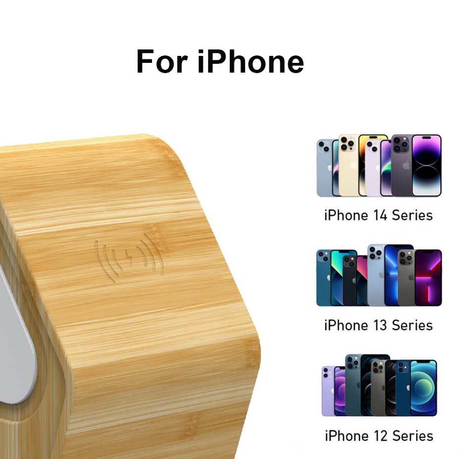 UK Technology 3-In-1 Bamboo Wireless Charging Station in closed position with all compatible mobile devices listed next to it