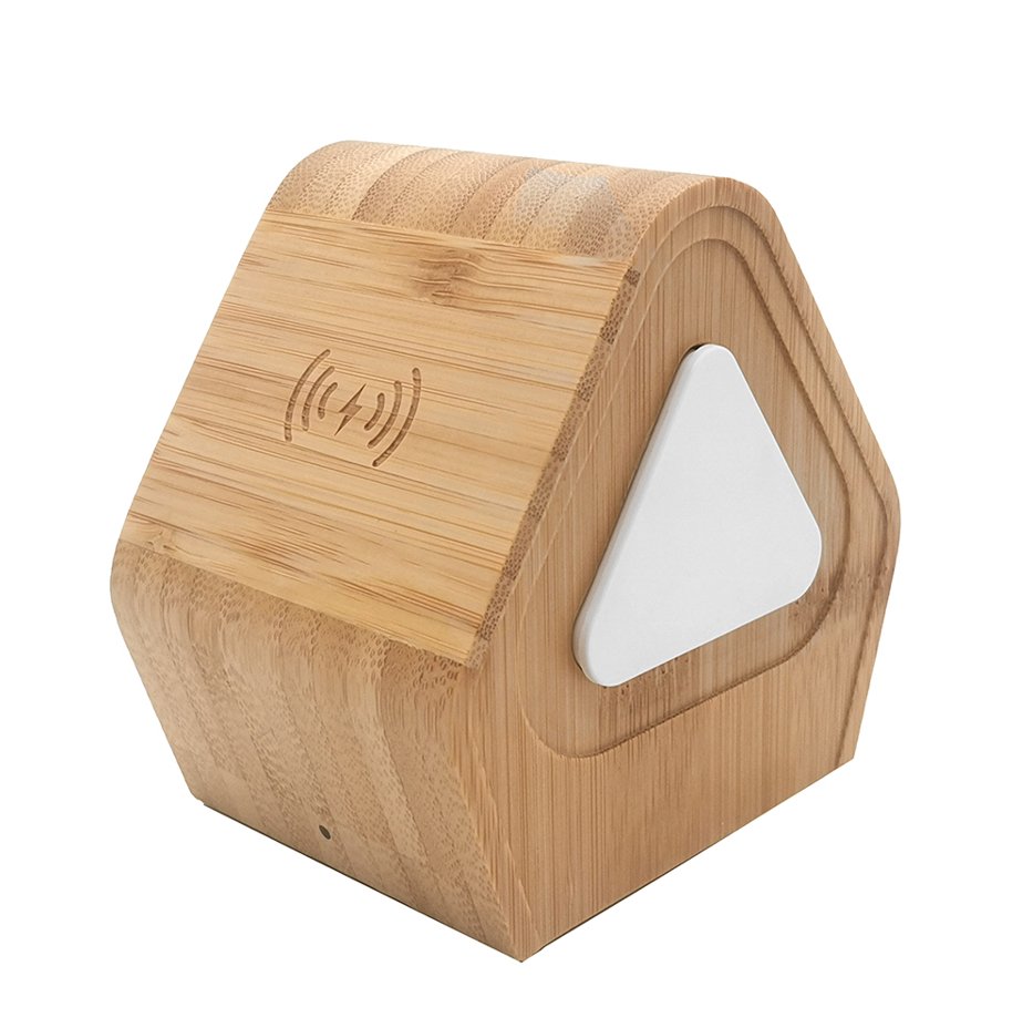 UK Technology 3-In-1 Bamboo Wireless Charging Station right side view with watch charger attachment closed inside the product