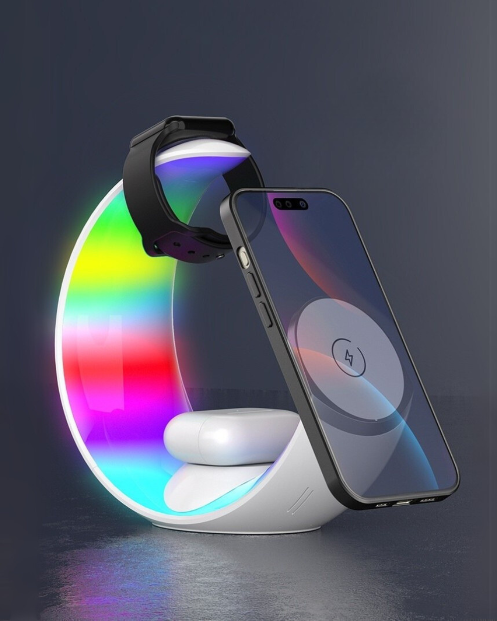 the moon lamp 3 in 1 with the i watch, iphone and airpods charging simultaneously