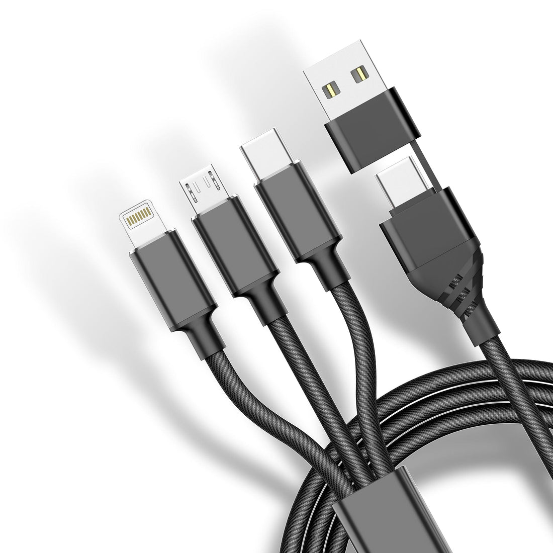 UK Technology 5-in-1 Charging Cable close up of the Lightning, USB C, Micro USB charging end and the USB-C/USB plug end
