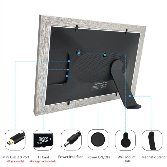 UK Technology Grey Wood Digital Photo Frame rear view diagram of all different ports