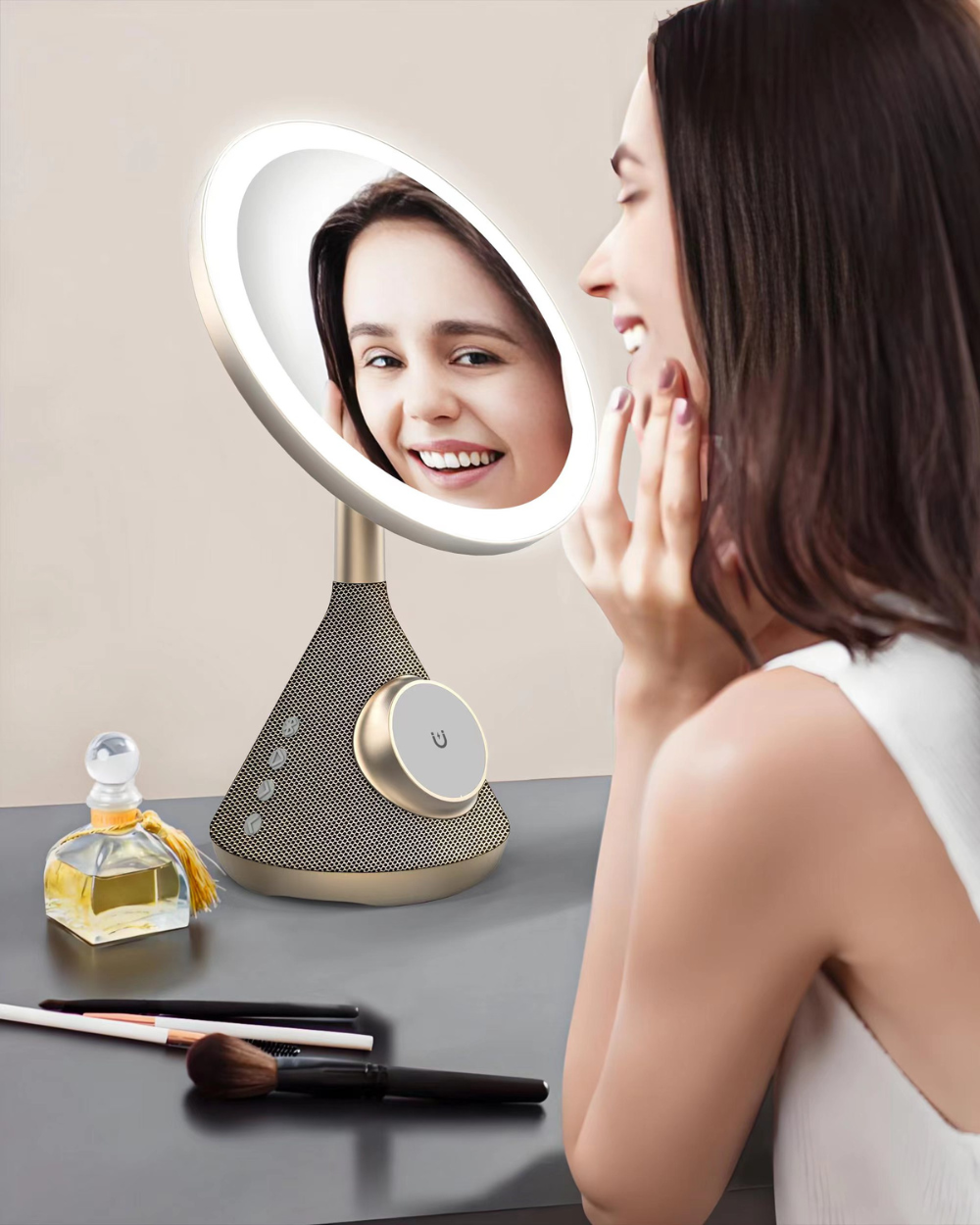 woman looking in the mirror and adjusting her makeup whilst using the ring light
