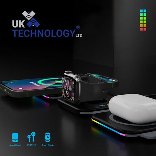 UK Technology 3-In-1 Portable Foldable Wireless Charger with a phone, iwatch and Airpods being charged