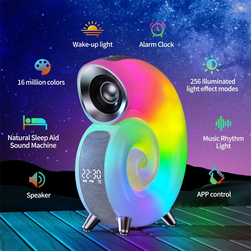 UK Technology Conch Music Lamp front view with multiple features around the product