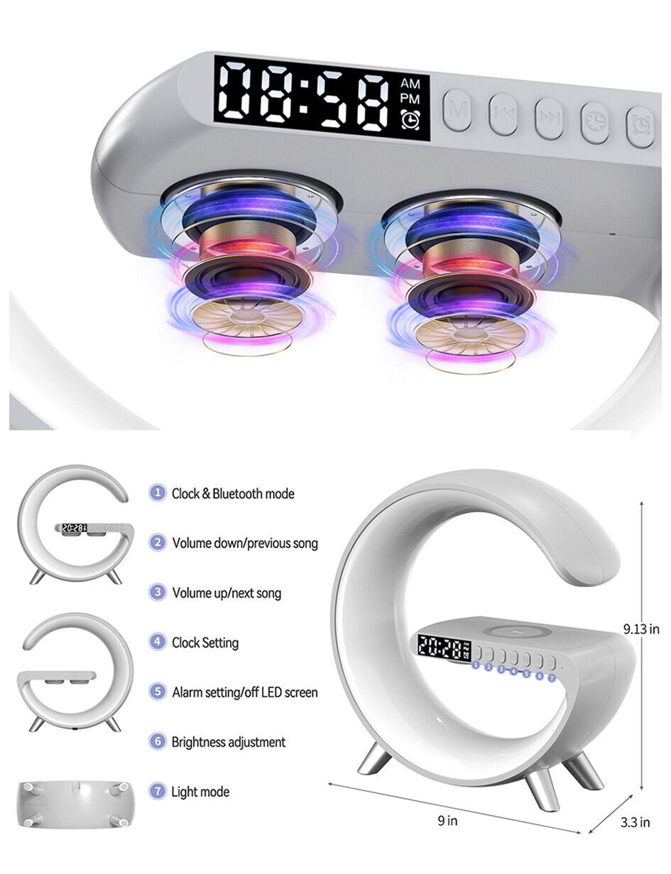 UK Technology G Shaped LED Lamp + Alarm Clock diagram of bluetooth speakers and connectivity