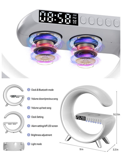 UK Technology G Shaped LED Lamp + Alarm Clock diagram of bluetooth speakers and connectivity