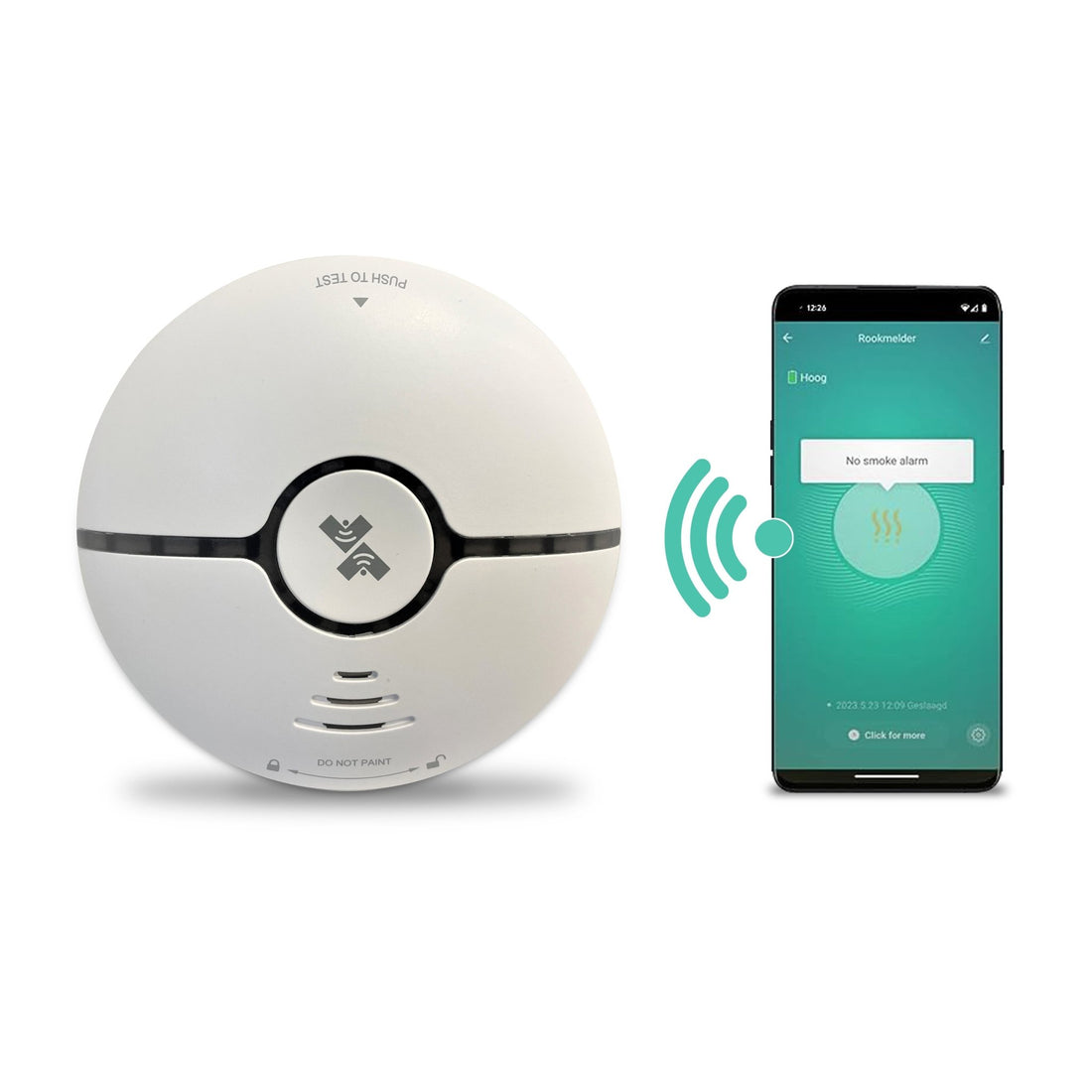 UK Technology Smart Smoke Alarm and phone showing app connectivity