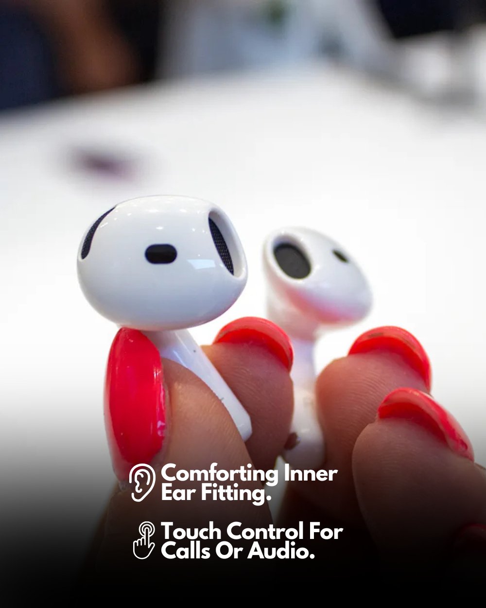 close up shot of the earphone which shows its inner ear comfort fitting and simple touch control