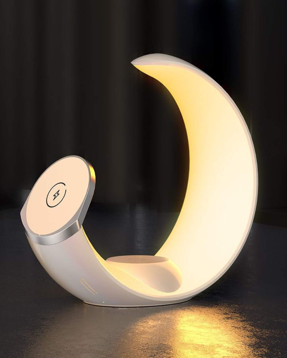 the moon lamp displaying a soft warm hue and lighting a bedroom